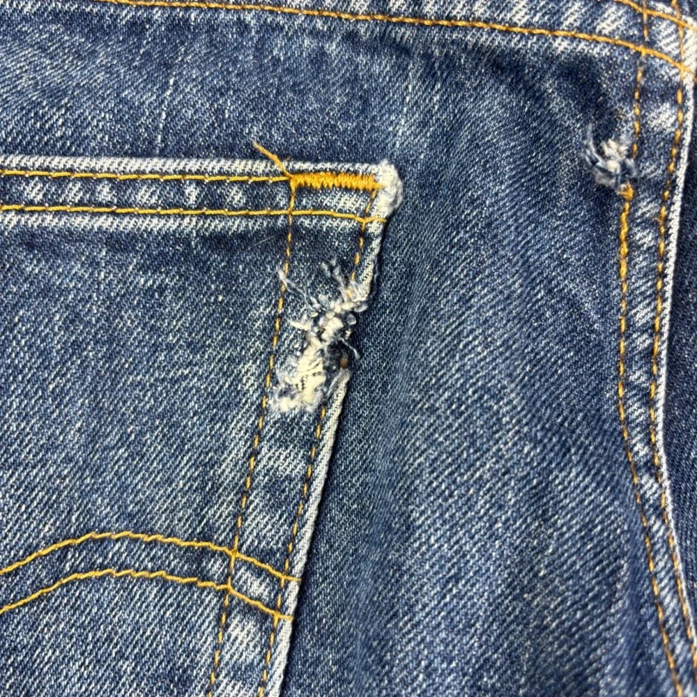 Levis 505 Mens 34x29 Jeans Medium Dark Washed Denim Grungy Low Knee Fading